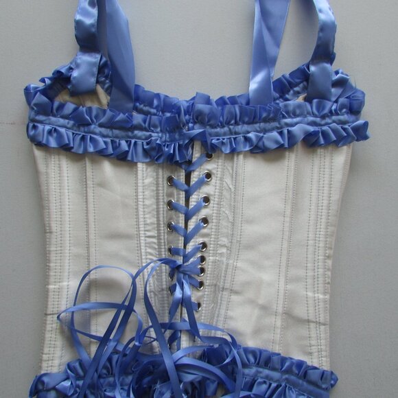 Blue Cream Ruffled Steel Boned Corset Set - NEW - Picture 10 of 13